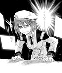  angry beret greyscale hair_ornament hairclip hat himura_kiseki leaning_forward lyrical_nanoha mahou_shoujo_lyrical_nanoha military military_uniform monochrome necktie short_hair solo sweat translated tsab_naval_military_uniform uniform yagami_hayate 