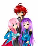  2girls ahoge blue_dress butterfly_hair_ornament caro_ru_lushe dress erio_mondial hair_ornament hair_over_shoulder hug long_sleeves looking_at_viewer lutecia_alpine lyrical_nanoha mahou_shoujo_lyrical_nanoha multiple_girls older pink_hair purple_hair red_hair short_hair 