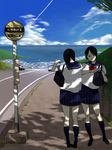  bad_id bad_pixiv_id bag black_eyes black_hair bus_stop car condensation_trail copyright_request day ground_vehicle hill motor_vehicle multiple_girls ocean outdoors road school_uniform serafuku shade shiira shoulder_bag skirt tree tree_shade water 