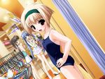  amaizumimoriamekoyori_no_mikoto blonde_hair blue_hair brown_eyes brown_hair camisole fitting_room flat_chest game_cg hairband hand_on_hip kamipani! katase_megumi kujou_amane multiple_girls non-web_source one-piece_swimsuit shintarou shop short_hair skirt swimsuit twintails 