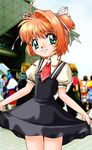  air artist_request cardcaptor_sakura cosplay dress green_eyes kamio_misuzu kamio_misuzu_(cosplay) kinomoto_sakura photo_background school_uniform short_hair skirt skirt_lift solo tokyo_big_sight 