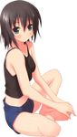  barefoot blue_eyes brown_hair butterfly_sitting feet full_body hands hands_on_feet kantoku original short_hair shorts sitting solo tank_top transparent_background 