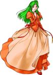  brown_eyes dress earrings elincia_ridell_crimea fire_emblem fire_emblem:_souen_no_kiseki full_body green_hair half_updo jewelry kita_senri long_hair official_art orange_dress solo standing transparent_background 