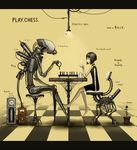  barefoot black_hair board_game bug chair checkered chess choker copyright_request cup dress engrish flower flower_pot gia highres insect light moth plant potted_plant ranguage robot rose short_hair sitting smile table tea teapot 