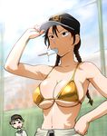  1girl =_= baseball_cap bikini_top blood braid breasts chibi chibi_inset food hand_on_hip hat large_breasts mihashi_ren momoe_maria mouth_hold nosebleed ookiku_furikabutte popsicle twin_braids ueyama_michirou 