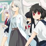  :3 alternate_costume animal_ears bad_id bad_pixiv_id belt black_hair black_skirt bunny_ears closed_eyes hallway houraisan_kaguya inaba_tewi labcoat long_hair long_skirt machiko_(beard) multiple_girls paper purple_hair red_eyes reisen_udongein_inaba ribbon school school_uniform short_hair silver_hair skirt teacher touhou yagokoro_eirin 