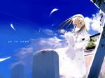  blonde_hair blood bouquet bride cloud day dress feathers flower grave graveyard hairband highres kusaka_souji long_hair original plant sky solo translated vines wedding_dress white_dress 