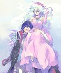  1girl akutsu_(yuumi) blue_hair bouquet bridal_veil bride couple curly_hair dress flower happy hetero husband_and_wife jewelry multicolored_hair nia_teppelin ring short_hair simon smile tengen_toppa_gurren_lagann trench_coat tuxedo veil wedding wedding_band wedding_dress 