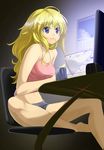  bad_id bad_pixiv_id barefoot blonde_hair blue_eyes book breasts camisole computer curly_hair eating glaring hair_ornament hairclip instrument kyon_(fuuran) large_breasts long_hair midriff mouth_hold original paper reflection screen_light shorts solo 