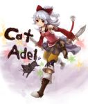  adelle_(fft) artist_request bare_shoulders boots capri_pants cat chain dual_wielding earrings final_fantasy final_fantasy_tactics_a2 final_fantasy_tactics_advance holding jewelry knife pants ponytail ribbon running silver_hair skirt smile solo yellow_eyes 