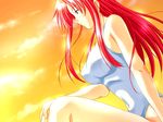  ayakaze_ryuushou blue_eyes breasts covered_nipples game_cg houjou_elena large_breasts legs long_hair love_split non-web_source one-piece_swimsuit red_hair sitting solo sunset swimsuit thighs 