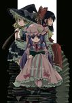  apron ascot back-to-back bad_id bad_pixiv_id blonde_hair bow crescent detached_sleeves expressionless hair_bow hakurei_reimu hat kirisame_marisa long_sleeves looking_at_viewer mob_cap multiple_girls patchouli_knowledge purple_eyes purple_hair red_bow ribbon-trimmed_sleeves ribbon_trim sitting touhou waist_apron witch_hat yanazuki 