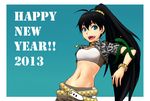  2013 :d animal arisato_3 belt black_hair blue_eyes breasts earrings ganaha_hibiki happy_new_year heart highres idolmaster idolmaster_(classic) jewelry long_hair looking_at_viewer medium_breasts midriff navel new_year open_mouth ponytail smile snake solo 