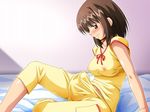  1girl bed blush breasts brown_eyes brown_hair bulge erect_nipples futanari highres large_breasts pajamas ribbon short_hair solo studio_sunadokei suzumiya_haruhi suzumiya_haruhi_no_netsubou suzumiya_haruhi_no_yuuutsu 