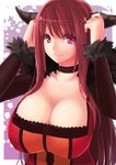  bad_id bad_pixiv_id breasts choker cleavage coat fur_trim horns hsuliherng large_breasts long_hair maou_(maoyuu) maoyuu_maou_yuusha open_clothes open_coat pink_eyes red_hair smile solo 