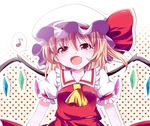  :d ascot blonde_hair blush colorized eighth_note fang flandre_scarlet haruki_(colorful_macaron) hat hat_ribbon heart heart_background highres musical_note open_mouth red_eyes ribbon short_hair side_ponytail smile solo speech_bubble spoken_musical_note touhou wings 