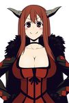  blush breasts choker cleavage coat collarbone hands_on_hips horns large_breasts looking_at_viewer maou_(maoyuu) maoyuu_maou_yuusha miyashiro_sousuke red_eyes red_hair simple_background smile solo white_background 