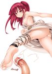  1girl =_= afterimage ankle_lace-up areola_slip areolae ass bad_id bad_pixiv_id bar_censor barefoot blush breasts censored cross-laced_footwear cum dress ejaculation feet femdom from_below hetero highres kicking kure_masahiro long_hair magi_the_labyrinth_of_magic masochism medium_breasts morgiana nipple_slip nipples no_bra one_side_up penis penis_face purple_eyes red_eyes red_hair saliva soles toes translated underboob upskirt 