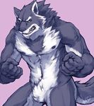  anthro biceps blac_nose black_nose boulevard canine chest_tuft claws clenched_fist clenched_teeth crotch_tuft fur grey_fur male mammal muscles nipples nude orion_(aluminemsiren) pecs plain_background pubes solo teeth tuft white_fur wolf 