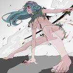  agatsumaattsu arrancar barefoot bleach blood breasts facial_mark fighting_stance green_hair large_breasts looking_away nelliel_tu_odelschwanck oekaki outstretched_arm parted_lips serious solo sword torn_clothes weapon 