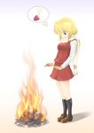  :q blonde_hair bonfire fire gloves green_eyes hidamari_sketch highres kneehighs loafers miyako scarf school_uniform shoes skirt smile solo thought_bubble tongue tongue_out ume-sensei wa_(genryusui) 
