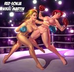  blonde_hair bokuman boxing boxing_gloves boxing_ring breasts medium_breasts multiple_girls nipples original panties punching red_hair red_sonja short_hair signature thong topless underwear 