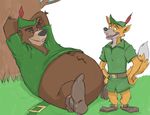  bear bottomless canine canson clothed clothing disney duo fox grizzly_bear half-dressed little_john male mammal overweight robin_hood robin_hood_(disney) tunic 