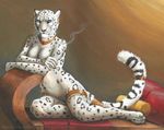  breasts cigarette ear_piercing feline female jewelry leopard mammal myenia necklace nude piercing pussy snow_leopard solo 