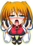  artist_request blue_eyes gloves hair_ribbon highres kneeling lyrical_nanoha mahou_shoujo_lyrical_nanoha mahou_shoujo_lyrical_nanoha_strikers open_mouth orange_hair ribbon sexually_suggestive short_hair short_twintails teana_lanster thighhighs tongue tongue_out twintails 