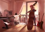  acoustic_guitar bass_guitar commentary_request computer curtains desk double_bass guitar indoors instrument keyboard_(computer) keyboard_(instrument) leg_warmers lens_flare long_hair megurine_luka pink_hair shirano_(hiromaxi729) smile solo standing sunset vocaloid wind wooden_floor 
