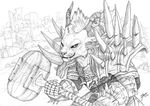  armor black_and_white charr claws fangs feline female flat_chested guild_wars hammer horn looking_at_viewer mammal monochrome qzurr smirk solo video_games warhammer weapon 