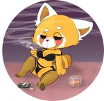  2018 4_fingers aggressive_retsuko alcohol anthro beverage black_bottomwear black_bra black_clothing black_panties blush bra breasts cleavage clothed clothing drunk female fur half-closed_eyes legwear mammal navel orange_fur panties pose red_panda retsuko sanrio sitting smoking solo thigh_highs underwear vallycuts 