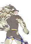  apin59 back_muscles backsack bael_(tas) balls black_sclerae blush butt canid canine canis clothing genitals green_eyes jackal jockstrap looking_back male mammal perineum seth_(tas) tokyo_afterschool_summoners underwear video_games 