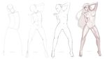  armpits artist_progress bakemonogatari breasts closed_eyes contrapposto eu03 greyscale highres how_to long_hair medium_breasts monochrome monogatari_(series) navel nipples nude senjougahara_hitagi sketch solo standing 