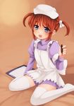  blue_eyes blush brown_hair clipboard cosplay hair_ribbon hat kouno_hikaru lyrical_nanoha mahou_shoujo_lyrical_nanoha nurse nurse_cap pen ribbon short_twintails sitting smile solo takamachi_nanoha thighhighs twintails wariza white_legwear 