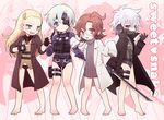  50yen :d bad_id bad_pixiv_id bare_legs barefoot blue_eyes blush_stickers brown_eyes brown_hair chibi coat commentary copyright_name english eyepatch fang fingerless_gloves forehead genderswap genderswap_(mtf) glasses gloves green_eyes hair_ornament hal_emmerich headband labcoat liquid_ocelot long_hair looking_at_viewer metal_gear_(series) metal_gear_solid metal_gear_solid_4 multiple_girls necktie old_snake open_clothes open_mouth panties pigeon-toed pointing popped_collar raiden sleeves_past_wrists smile standing sweatdrop sweet_snake turtleneck underwear zoom_layer 