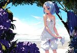  bare_shoulders bloomers blue_eyes blue_hair blue_sky blush bow camisole cirno clothes_removed cloud collarbone dappled_sunlight day dress dress_removed flat_chest flower hair_bow highres hydrangea ice ice_wings ke-ta open_clothes rain see-through short_hair sky solo strap_slip sunlight touhou tree tree_shade underwear water wet wet_clothes white_bloomers wings wringing wringing_clothes 