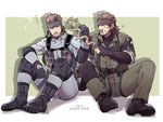  2boys 50yen ammunition_pouch bandana beard belt big_boss boots brown_hair cigarette combat_boots eating eyepatch facial_hair father_and_son load_bearing_equipment load_bearing_vest md5_mismatch metal_gear_(series) metal_gear_solid_2 metal_gear_solid_3 metal_gear_solid_peace_walker mullet multiple_boys naked_snake new_year object_namesake pouch sitting skewer smoking snake sneaking_suit solid_snake spie_harness time_paradox 