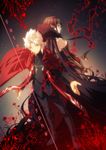  1girl absurdly_long_hair amakusa_shirou_(fate) back-to-back bad_id bad_pixiv_id bare_shoulders black_hair cape copyright_name cross cross_necklace dark_skin elf fate/apocrypha fate_(series) jewelry long_hair mar_o necklace pointy_ears semiramis_(fate) stole very_long_hair white_hair yellow_eyes 