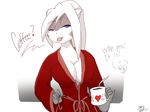  bagelcollector bathrobe blue_eyes breasts cleavage clothed clothing coffee dialog dialogue english_text feline female hair looking_at_viewer mammal seductive text white_hair 