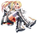  :d armor bad_id bad_pixiv_id blonde_hair blue_eyes blush boots colorized crossed_arms double_v eto gauntlets gloves long_hair looking_at_viewer open_mouth paladin_(sekaiju) sekaiju_no_meikyuu skirt smile solo thighhighs v white_legwear 