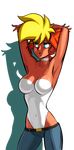  armpits arms_up bare_shoulders blonde_hair breasts choker cleavage dark_skin denim dirty_pair dirty_pair_flash earrings green_eyes highres jeans jewelry kei_(dirty_pair) large_breasts leotard long_hair lowleg lowleg_pants morganagod multicolored_hair pants red_hair solo stud_earrings transparent_background two-tone_hair 