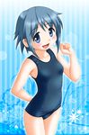  :d blue_eyes blue_hair blush mahou_shoujo_madoka_magica miki_sayaka neopure one-piece_swimsuit open_mouth school_swimsuit short_hair smile solo swimsuit 