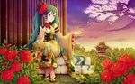  aqua_eyes aqua_hair branch cherry_blossoms cloud floral_print flower furisode hair_ornament hatsune_miku highres japanese_clothes kanzashi kimono lantern long_hair nardack obi peony_(flower) petals purple_sky rose sash sky solo stairs stone_lantern tabi tsumami_kanzashi twintails vocaloid wisteria zouri 