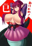  1girl 2013 armpits arms_behind_head belt breasts chinese_zodiac female hair_over_breasts hands_behind_head huge_breasts japanese_clothes kimono lamia long_hair monster_girl new_year no_bra open_clothes original pointy_ears purple_eyes purple_hair skirt snake_(chinese_zodiac) solo standing topless translated umigarasu_(magipro) yukata 