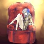  aerlai armchair barefoot bottomless chair flower full_body gwendolyn hair_flower hair_ornament highres knees_up long_hair naked_sweater odin_sphere purple_eyes silver_hair sitting sitting_sideways sketch smile solo sweater valkyrie 