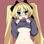  blonde_hair blue_eyes blush bottomless breasts clothes_lift fang groin hoppege long_hair medium_breasts naked_sweater navel no_bra original out-of-frame_censoring ribbon shirt_lift sleeves_past_wrists smile solo sweater sweater_lift twintails underboob very_long_hair 