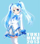  2013 blue_eyes blue_hair bow bowtie character_name hair_bow hand_on_hip hatsune_miku headset long_hair looking_at_viewer mittens okazaki_mitsuki simple_background skirt smile snowflakes solo thighhighs twintails very_long_hair vocaloid yuki_miku 