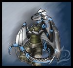  blue_eyes body_markings breasts clothing dog_tags dragon female flam horn looking_at_viewer markings scalie shirt smirk solo standing tank_top watermark wings 