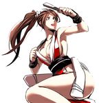  breasts brown_hair cleavage clothes_tug fan fatal_fury large_breasts looking_up ponytail s_tanly shiranui_mai solo 